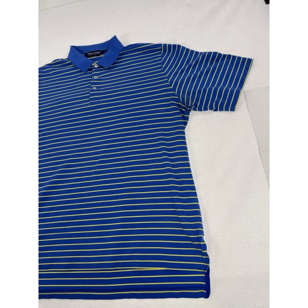 Polo Golf Ralph Lauren Mens Large Blue Yellow Striped Pima Cotton Polo Shirt
